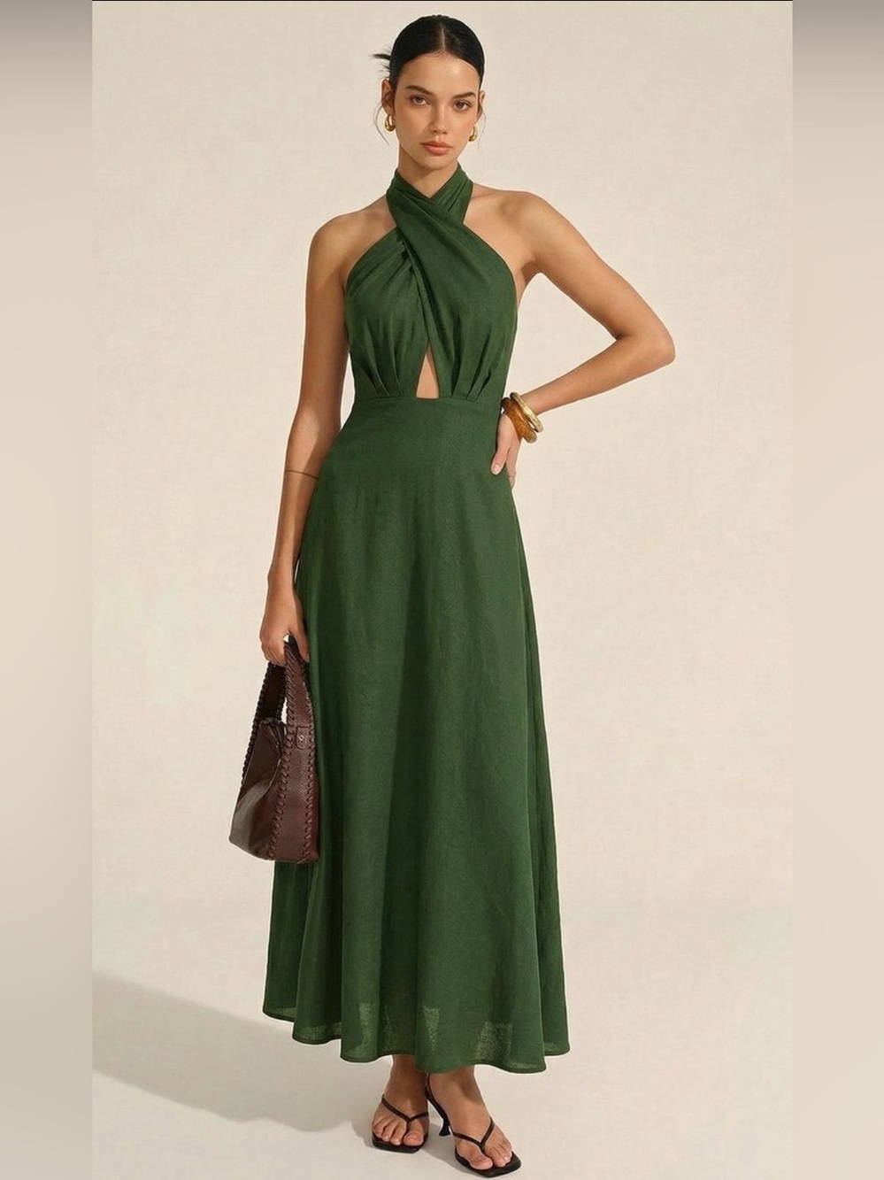Commense Cotton Linen Halter Neck Cut Out Maxi Dress